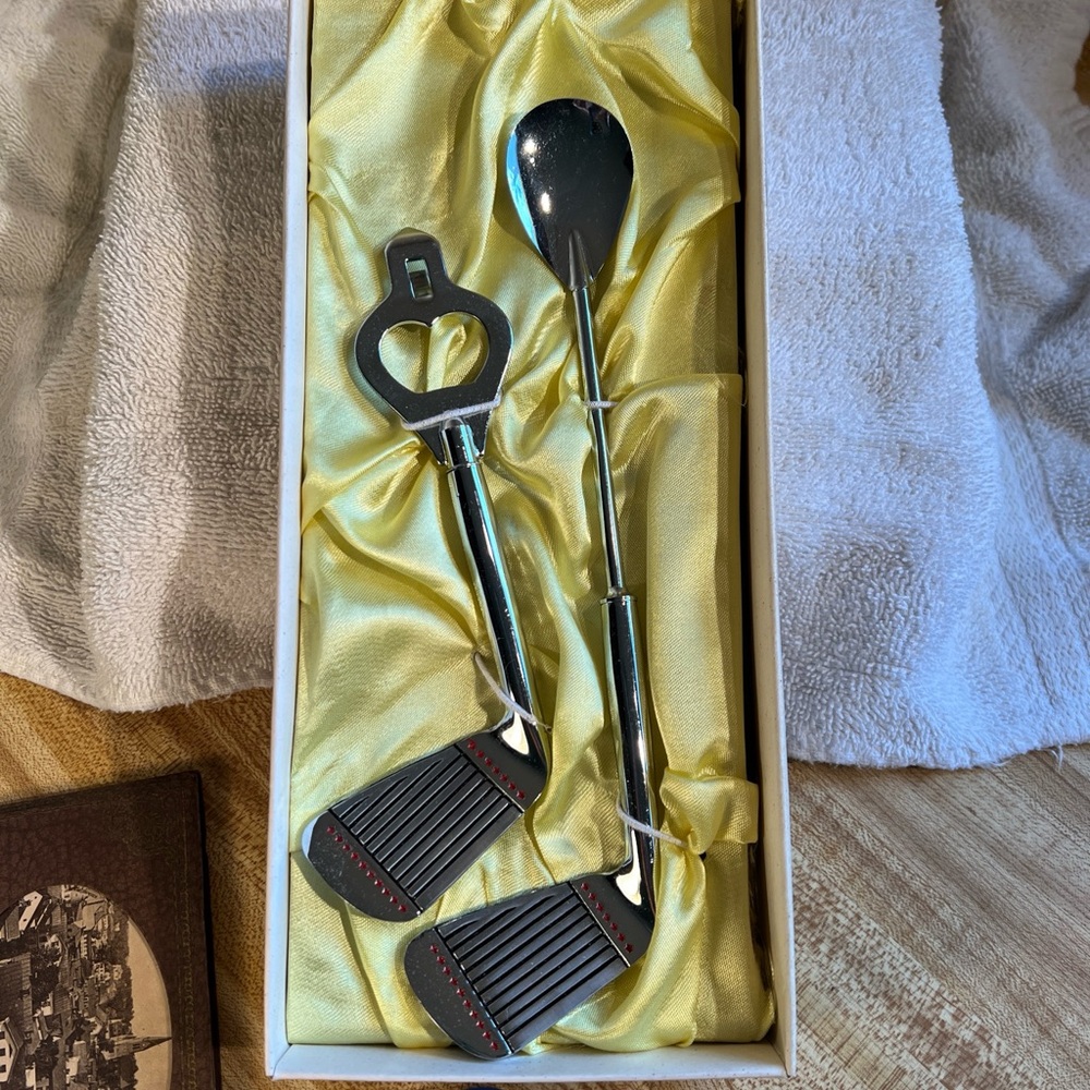 Vintage Bar Set Golf Club Bottle Opener Golf Ball Spoon Original Box Japan.